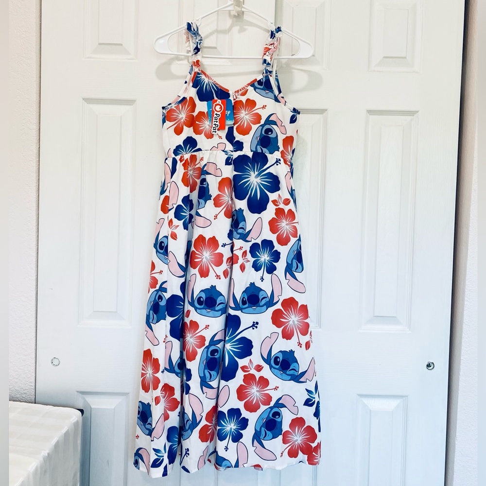 Disney Stitch with Floral Print Spaghetti Straps Women Blue and Red Dresses - Picture 6 of 11